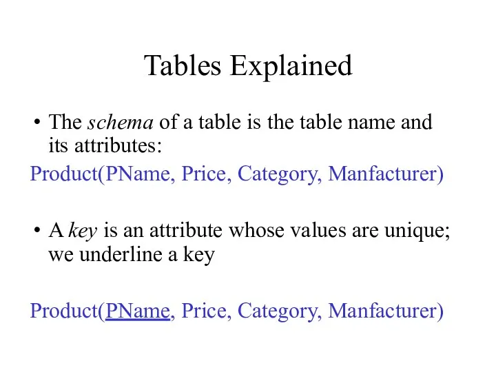 Tables Explained The schema of a table is the table