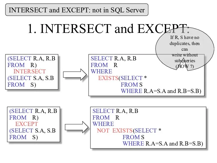 1. INTERSECT and EXCEPT: (SELECT R.A, R.B FROM R) INTERSECT