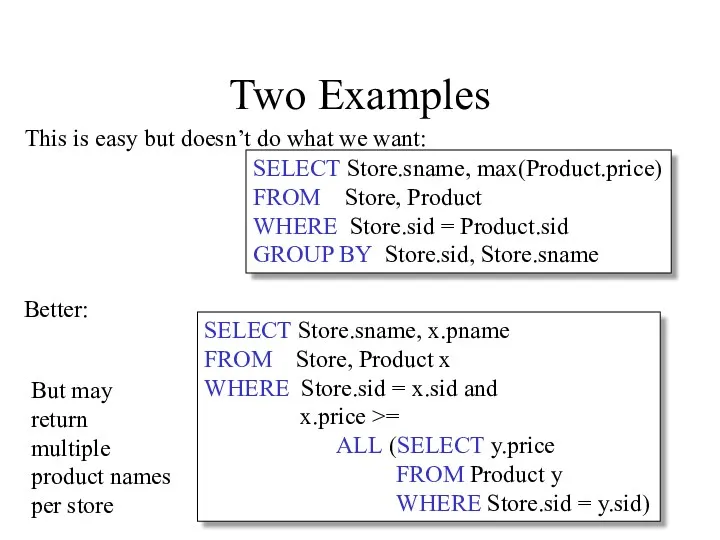 Two Examples SELECT Store.sname, max(Product.price) FROM Store, Product WHERE Store.sid
