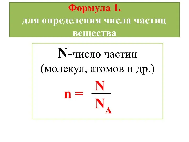 Формула 1. для определения числа частиц вещества N-число частиц (молекул, атомов и др.) NА