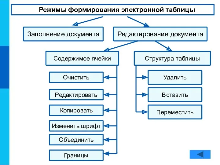 Режимы формирования электронной таблицы Заполнение документа Редактирование документа Содержимое ячейки Структура таблицы Переместить