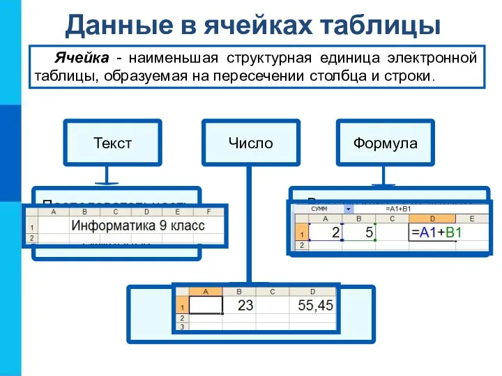 Данные в ячейках таблицы Ячейка - наименьшая структурная единица электронной таблицы, образуемая на