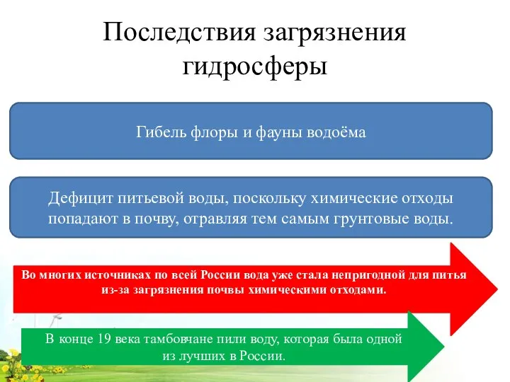 Последствия загрязнения гидросферы Гибель флоры и фауны водоёма Дефицит питьевой