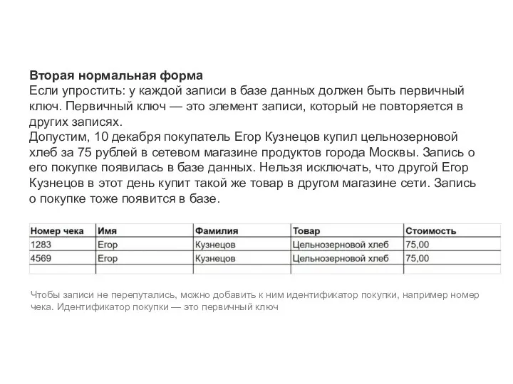 Вторая нормальная форма Если упростить: у каждой записи в базе