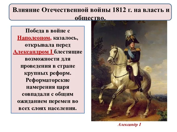 Победа в войне с Наполеоном, казалось, открывала перед Александром I блестящие возможности для