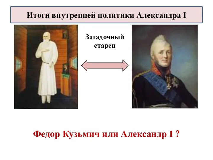 Федор Кузьмич или Александр I ? Загадочный старец Итоги внутренней политики Александра I
