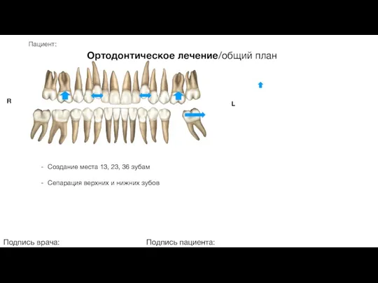 Пациент: Ортодонтическое лечение/общий план Подпись врача: Подпись пациента: R L