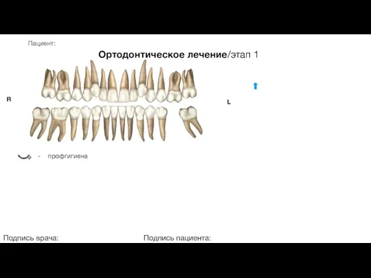 Пациент: Ортодонтическое лечение/этап 1 Подпись врача: Подпись пациента: R L - профгигиена