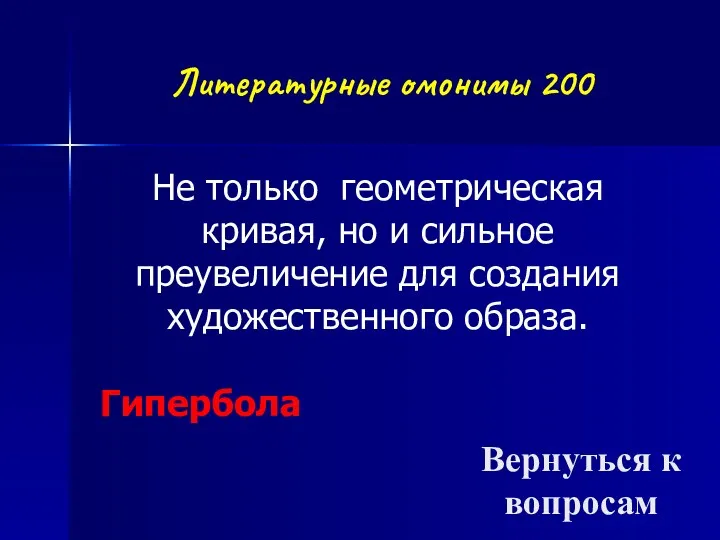 Литературные омонимы 200 Гипербола Вернуться к вопросам Не только геометрическая