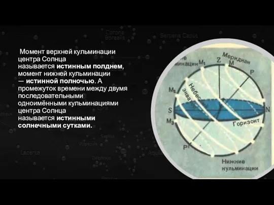 Момент верхней кульминации центра Солнца называется истинным полднем, момент нижней