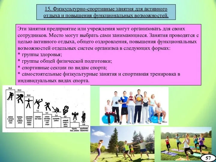 15. Физкультурно-спортивные занятия для активного отдыха и повышения функциональных возможностей.