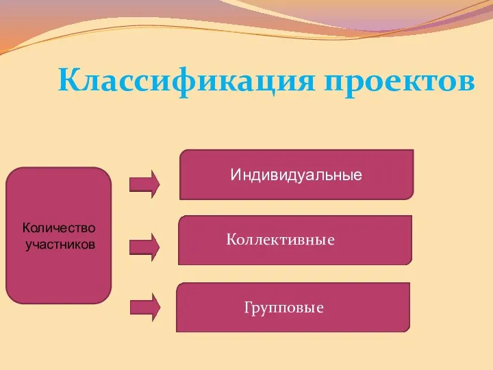 Количество участников Индивидуальные Коллективные Групповые Классификация проектов