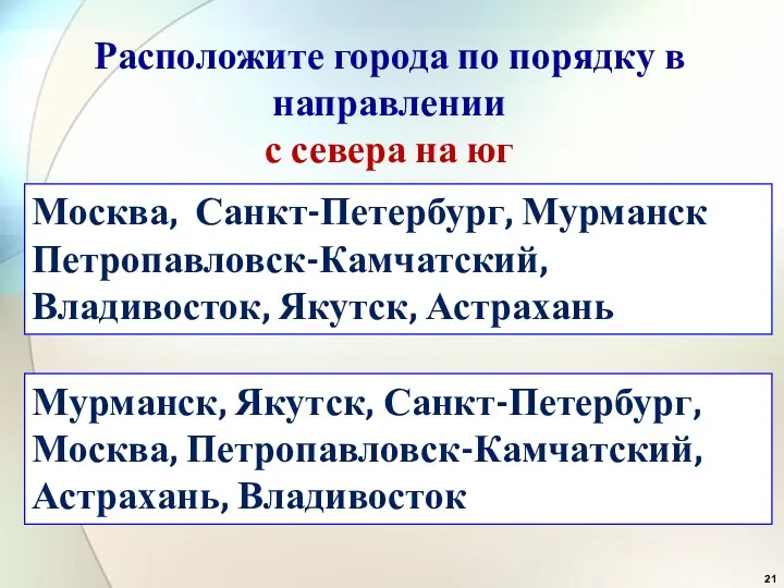 Расположите города по порядку в направлении с севера на юг