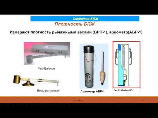 Плотность БПЖ БЕРОВА И.Г. Измеряют плотность рычажными весами (ВРП-1), ареометр(АБР-1) Весы рычажные Ареометр