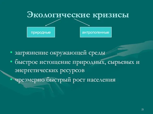 Экологические кризисы загрязнение окружающей среды быстрое истощение природных, сырьевых и