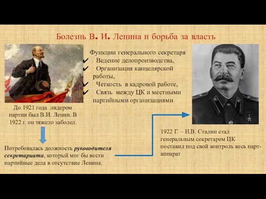 Болезнь В. И. Ленина и борьба за власть До 1921 года лидером партии