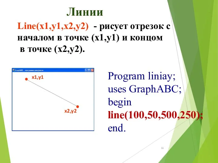 Линии Line(x1,y1,x2,y2) - рисует отрезок с началом в точке (x1,y1)