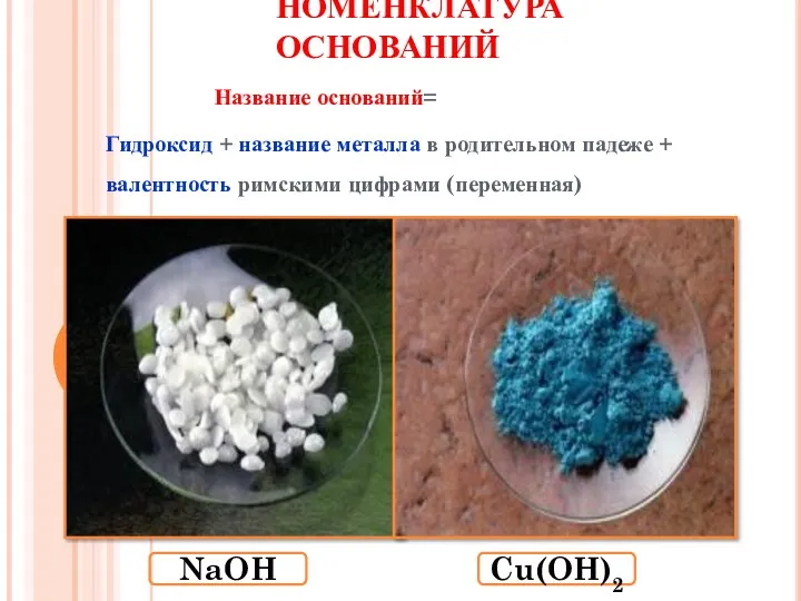 НОМЕНКЛАТУРА ОСНОВАНИЙ Название оснований= Гидроксид + название металла в родительном падеже + валентность римскими цифрами (переменная)