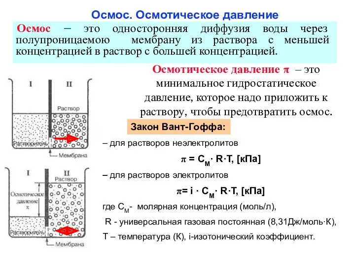 Осмос. Осмотическое давление Осмос – это односторонняя диффузия воды через