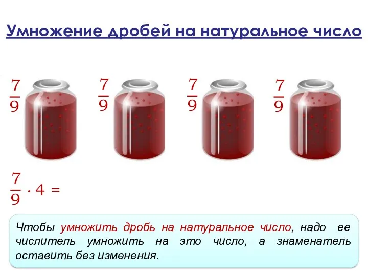 Умножение дробей на натуральное число Чтобы умножить дробь на натуральное