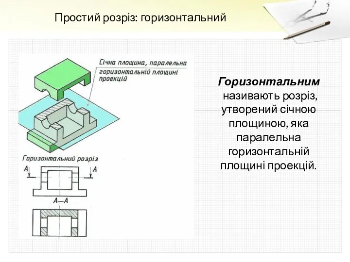 Простий розріз: горизонтальний Горизонтальним називають розріз, утворений січною пло­щиною, яка паралельна горизонтальній площині проекцій.