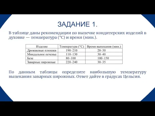 ЗАДАНИЕ 1. В таблице даны рекомендации по выпечке кондитерских изделий