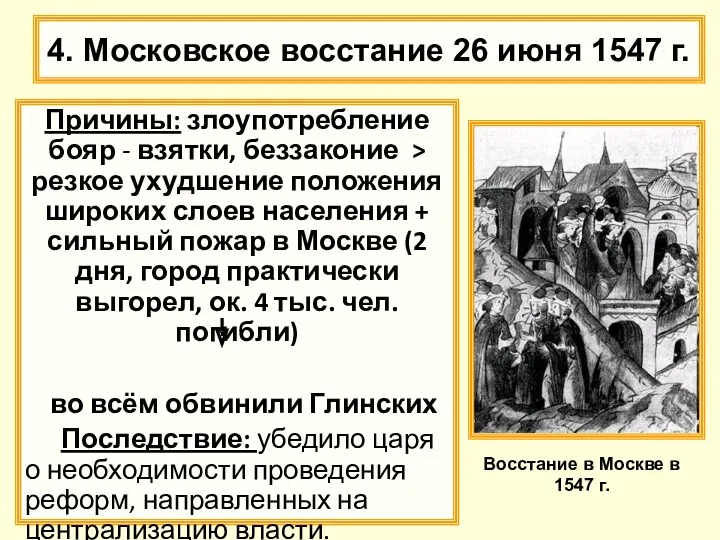 4. Московское восстание 26 июня 1547 г. Причины: злоупотребление бояр - взятки, беззаконие