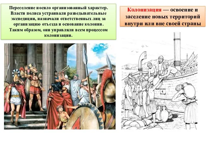 Переселение носило организованный характер. Власти полиса устраивали разведывательные экспедиции, назначали