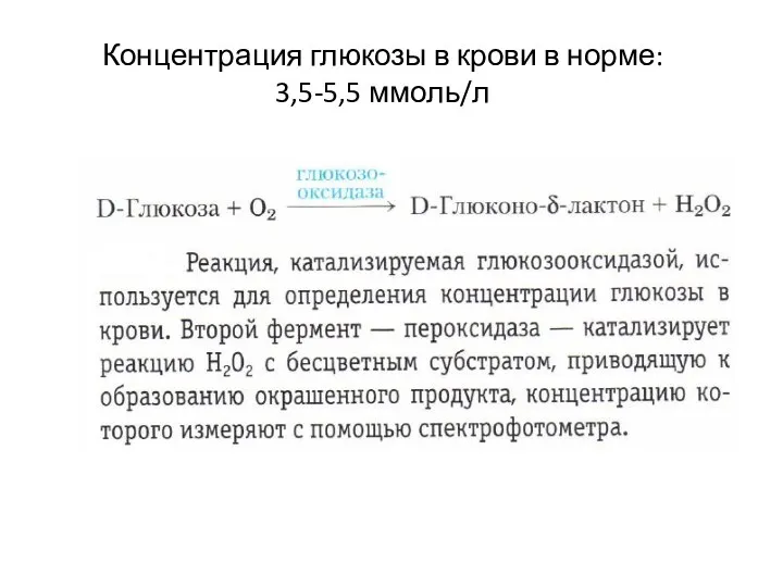 Концентрация глюкозы в крови в норме: 3,5-5,5 ммоль/л