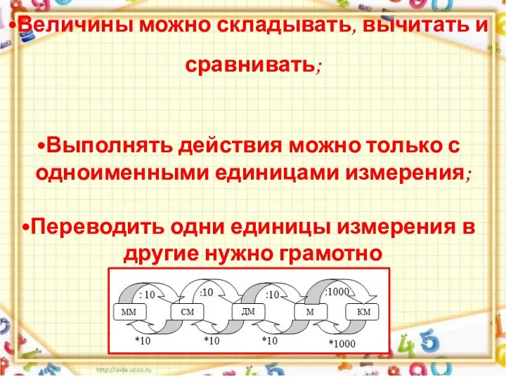 Величины можно складывать, вычитать и сравнивать; Выполнять действия можно только