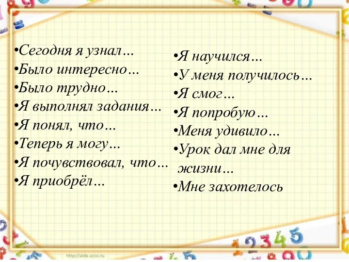 Сегодня я узнал… Было интересно… Было трудно… Я выполнял задания…