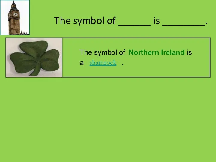 The symbol of ______ is ________. Northern Ireland shamrock