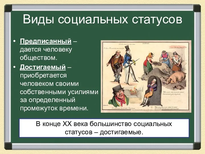 Виды социальных статусов Предписанный – дается человеку обществом. Достигаемый –