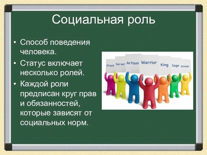 Социальная роль Способ поведения человека. Статус включает несколько ролей. Каждой