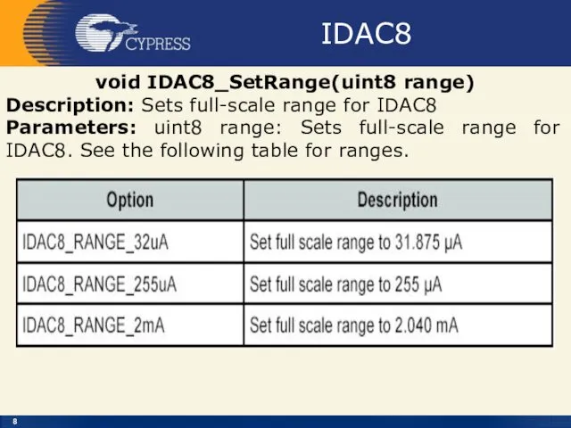 IDAC8 void IDAC8_SetRange(uint8 range) Description: Sets full-scale range for IDAC8 Parameters: uint8 range: