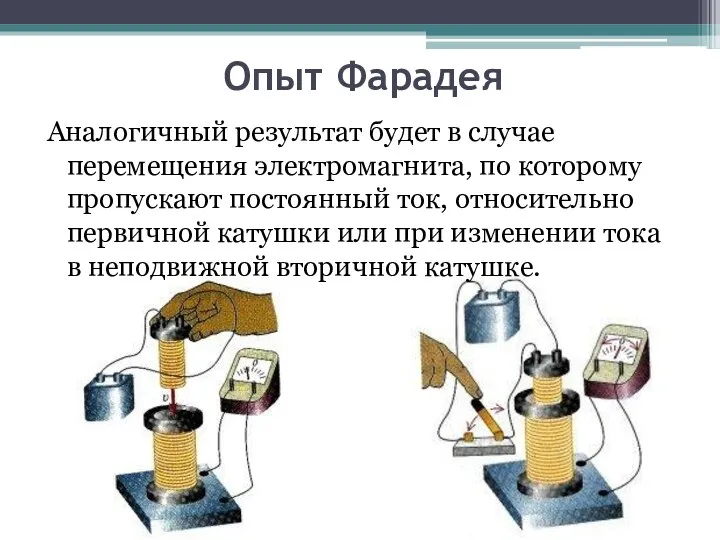 Аналогичный результат будет в случае перемещения электромагнита, по которому пропускают