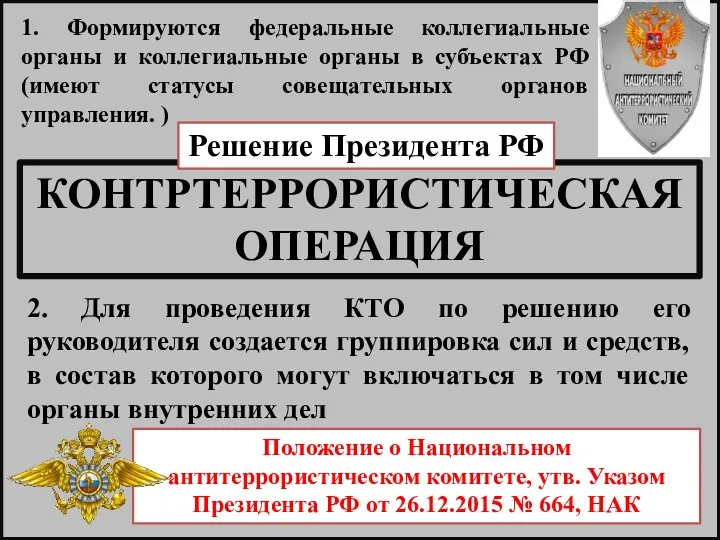 КОНТРТЕРРОРИСТИЧЕСКАЯ ОПЕРАЦИЯ Решение Президента РФ 1. Формируются федеральные коллегиальные органы