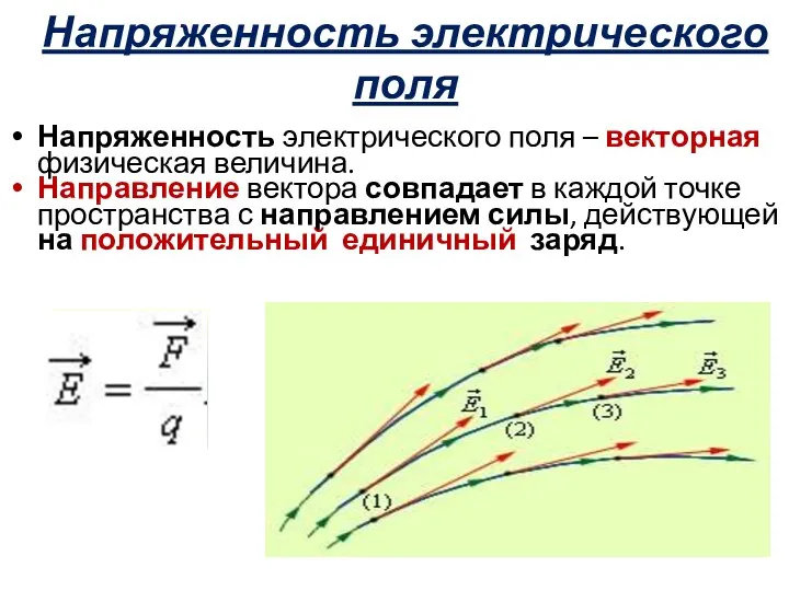 Напряженность электрического поля Напряженность электрического поля – векторная физическая величина.