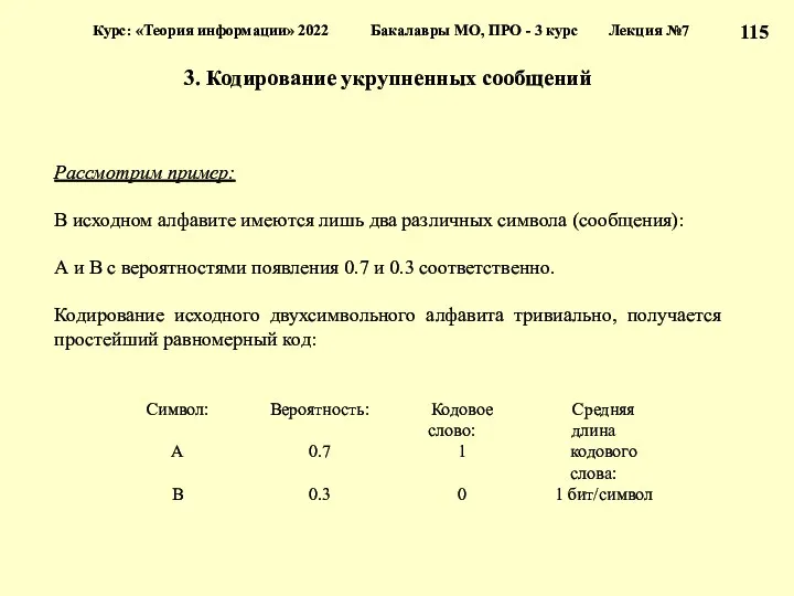 3. Кодирование укрупненных сообщений Курс: «Теория информации» 2022 Бакалавры МО,