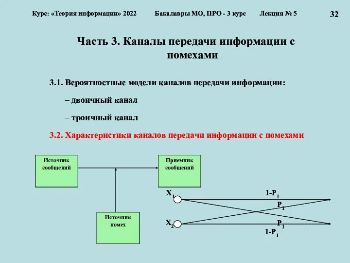 Часть 3. Каналы передачи информации с помехами 3.1. Вероятностные модели