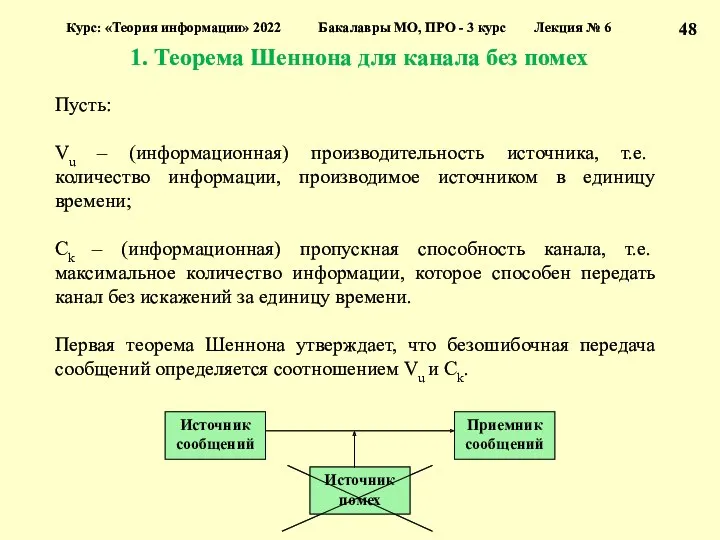 1. Теорема Шеннона для канала без помех Курс: «Теория информации»