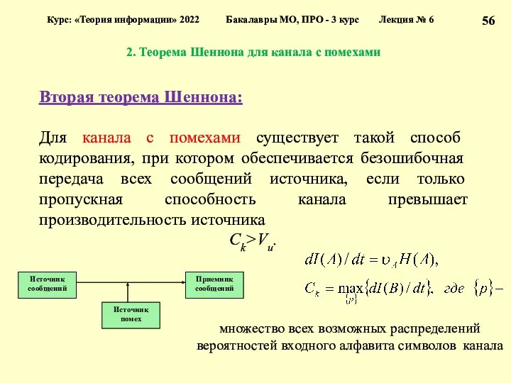 2. Теорема Шеннона для канала с помехами Курс: «Теория информации»