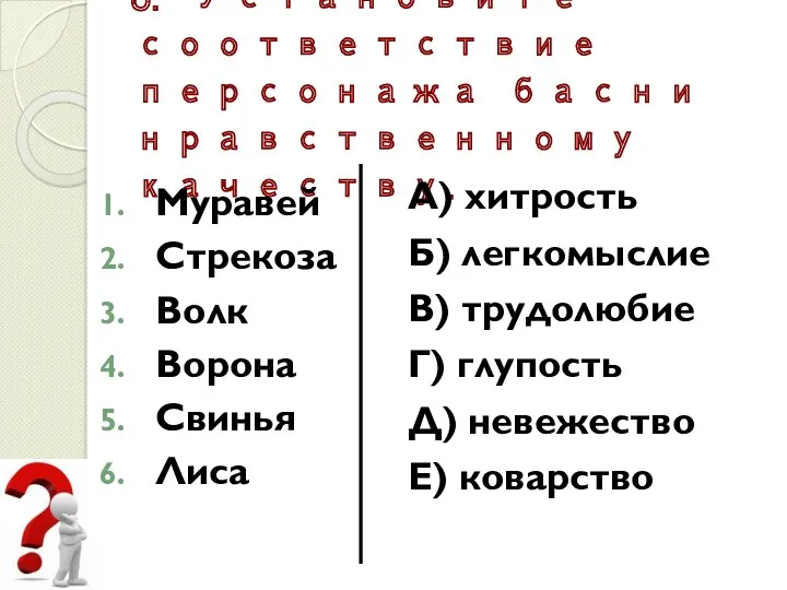 6. Установите соответствие персонажа басни нравственному качеству. Муравей Стрекоза Волк