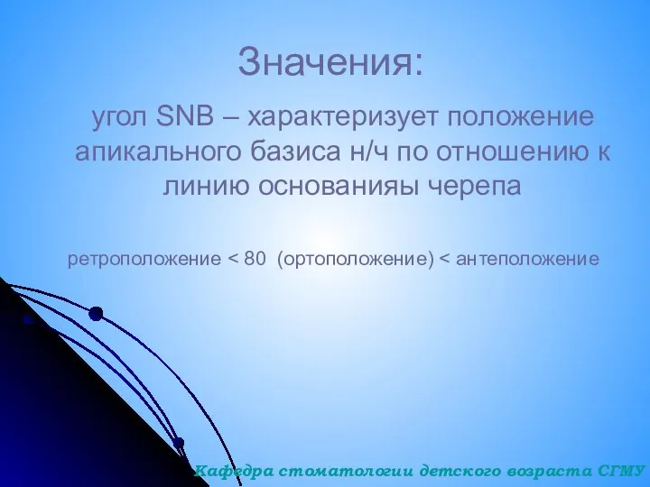 Значения: угол SNB – характеризует положение апикального базиса н/ч по