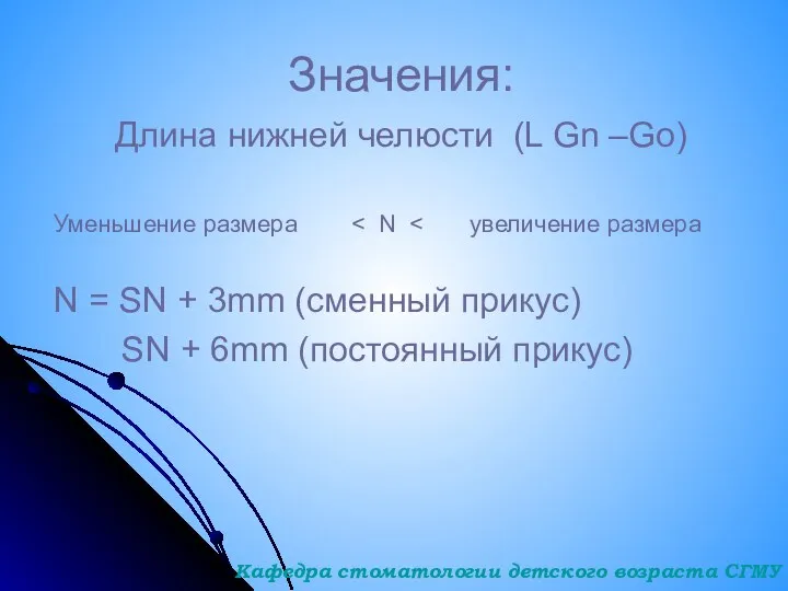 Значения: Длина нижней челюсти (L Gn –Go) Уменьшение размера N