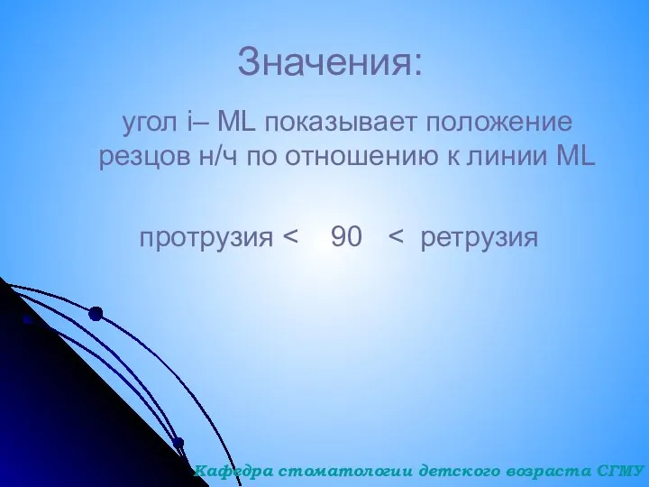 Значения: угол i– ML показывает положение резцов н/ч по отношению