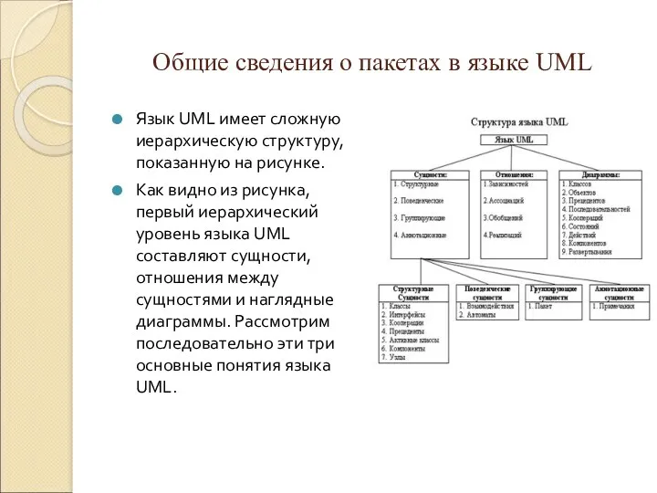 Общие сведения о пакетах в языке UML Язык UML имеет