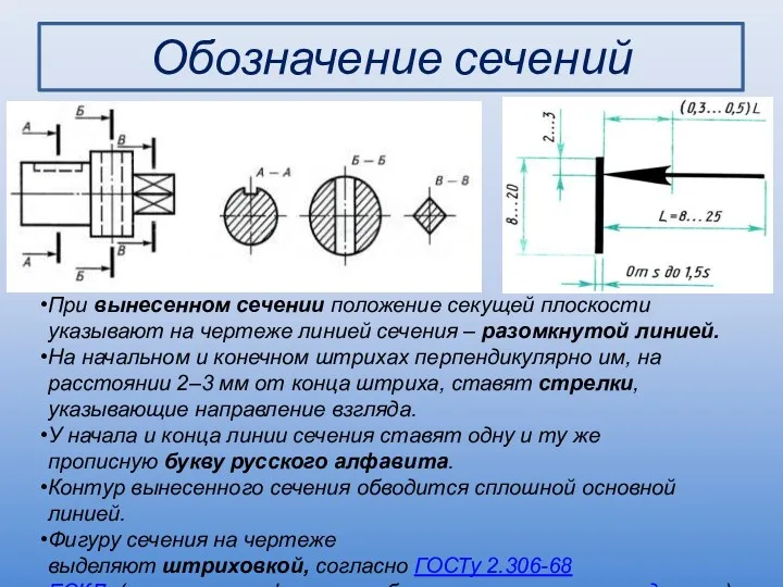 Обозначение сечений При вынесенном сечении положение секущей плоскости указывают на