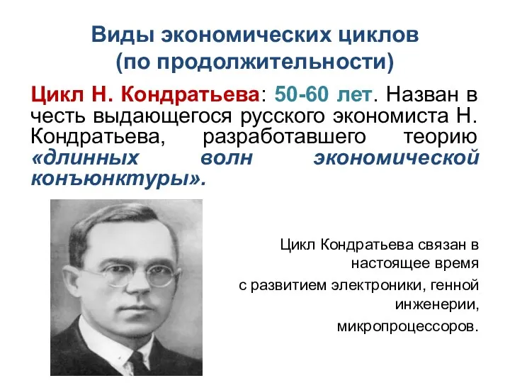 Виды экономических циклов (по продолжительности) Цикл Н. Кондратьева: 50-60 лет.