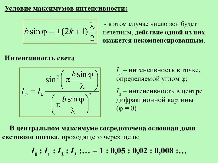 Условие максимумов интенсивности: Интенсивность света - в этом случае число